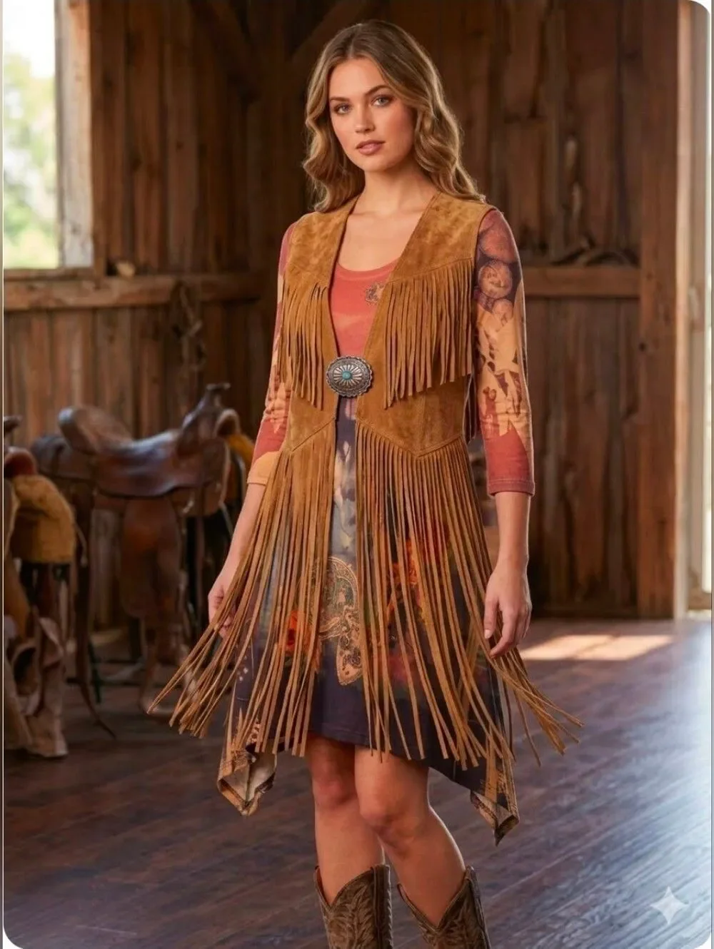 Fantazia Western Cowgirl Rose Horses Graphic Tunic Top  L Boho Rodeo Core